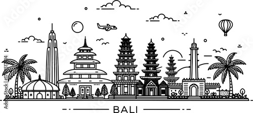 Bali Skyline Hand Drawn Sketch with Cultural Landmarks for Tourism Promotion and Travel Art Print | Bali Cityscape Illustration with Uluwatu Temple, Tanah Lot, Mount Agung, and Traditional Architectur