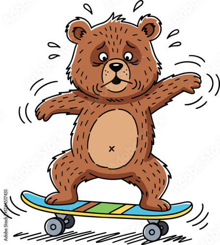 Cartoon bear skateboarding, expressive motion illustration, balancing pose, sweat droplets, colorful skateboard, playful character, humorous animal art, white background