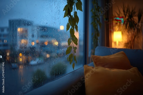 Modern cozy apartment with rainy window and city lights