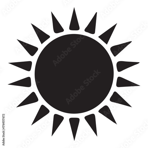Simple black silhouette of a bright sun with rays