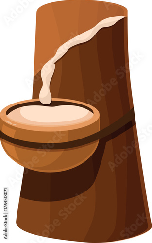 Latex dripping from a rubber tree into a clay bowl, showcasing the process of harvesting natural rubber in the rainforest