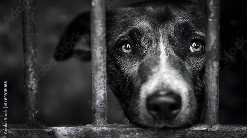Sad dog behind bars. Emotional photo symbolizing animal abuse, loneliness, and rescue