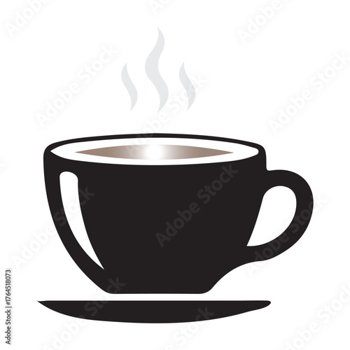 Steaming hot coffee in a black cup on a saucer
