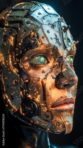 Close-Up of a Futuristic Cyborg Face with Intricate Metallic Details and Glowing Circuitry, AI Concept