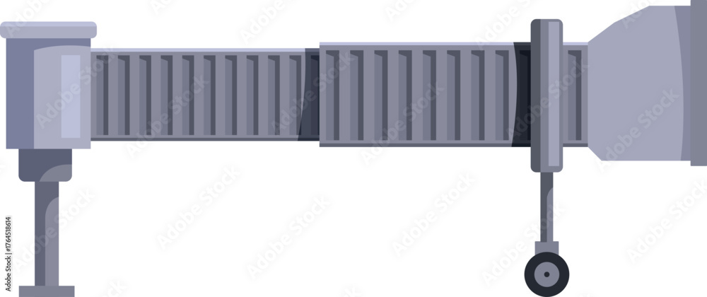 Obraz premium Passengers using covered telescopic passenger boarding bridge to embark or disembark airplane at airport