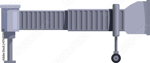 Passengers using covered telescopic passenger boarding bridge to embark or disembark airplane at airport