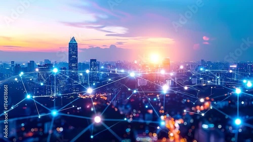 A cityscape at dusk with networks overlayed, showcasing interconnectedness and modern technology