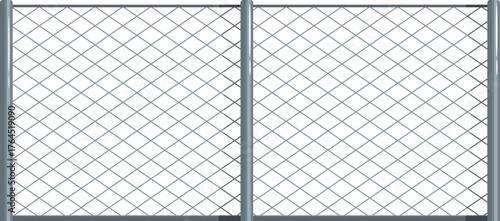 Long metal wire mesh fence protecting a perimeter on a white background
