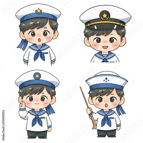 Cute Watercolor Set of Boy Sailors or Navy Cadets