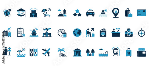Collection of travel and tourism icons representing global destinations and activities isolated on white background