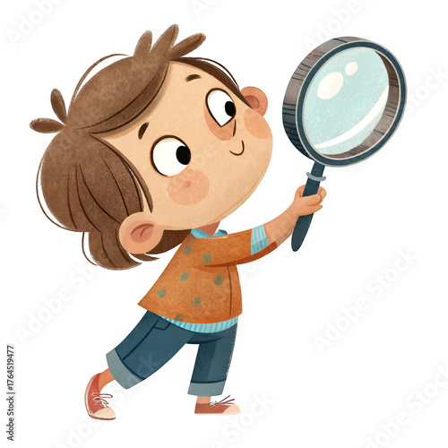 Child holding magnifying glass isolated on transparent background