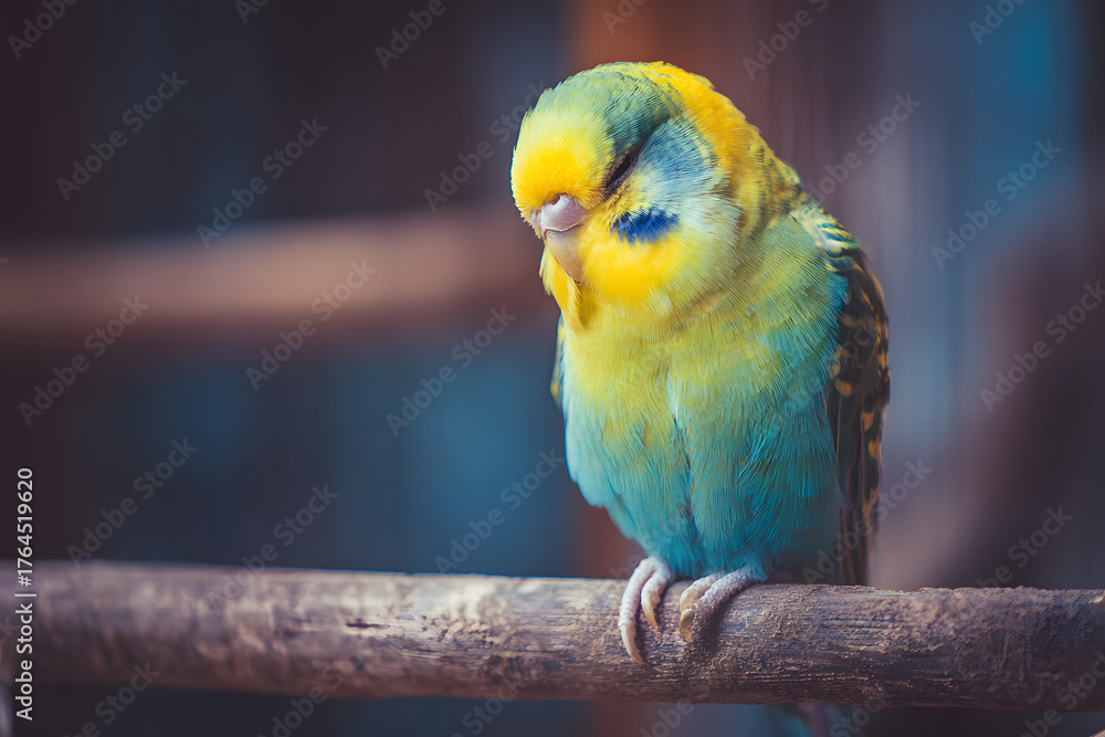 Obraz premium Sleeping parrot on a perch, a calm and heartwarming portrait