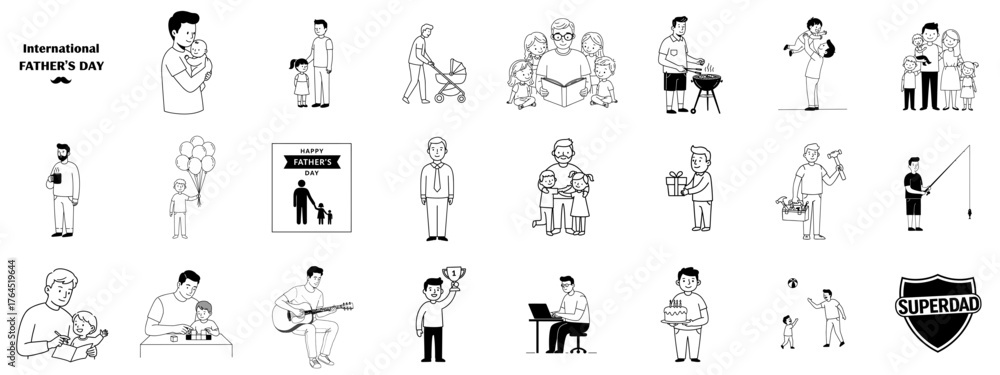 Naklejka premium Icon set for Father's Day featuring various father-child activities 