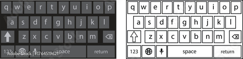 Modern phone keyboard flat and outline icon set of smartphone. Typing interface button, mobile keypad layout designs digital qwerty input communication, messages and technology vectors illustration.