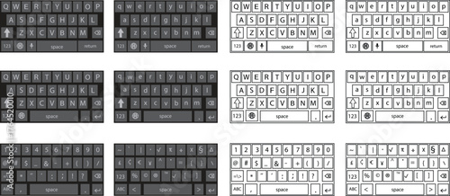 Modern phone keyboard flat and outline icon set of smartphone. Typing interface button, mobile keypad layout designs digital qwerty input communication, messages and technology vectors illustration.