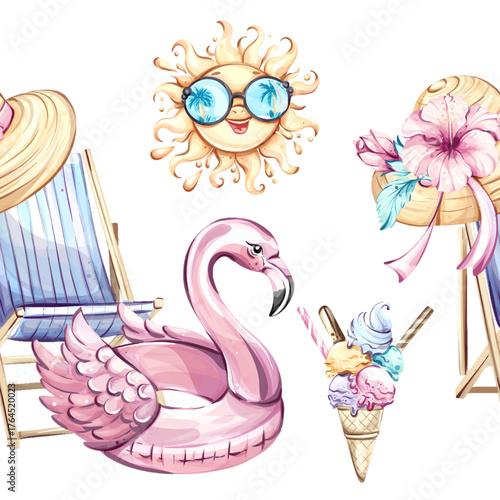 Seamless pattern background wallpaper featuring summer vacation elements such as beach chairs, ice cream, pool floats, and tropical flowers for festive occasions and creative designs
