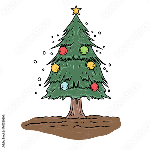 Hand drawn colorful christmas tree with colorful ornaments vector illustration. Festive holiday doodle graphic