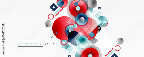 Abstract geometric shapes, circles, squares, lines create modern design. Red, blue, gray colors dominate composition. Minimalist style.