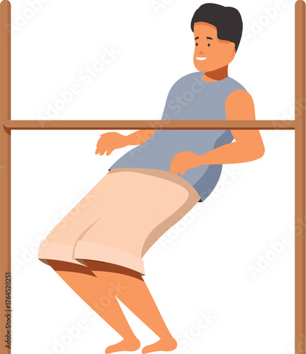 Young man playing limbo, bending backwards and avoiding falling, having fun during a limbo competition