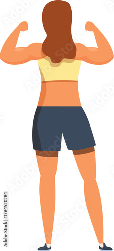 Rear view of a muscular sportswoman flexing her biceps, celebrating strength and fitness achievement