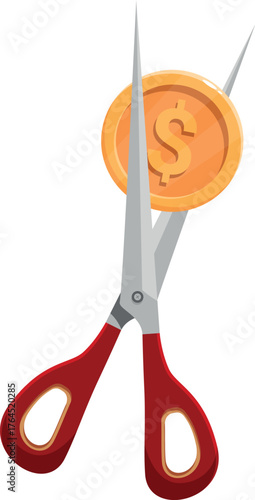 Red scissors cutting a dollar coin, symbolizing cost reduction, budget cuts, and saving money