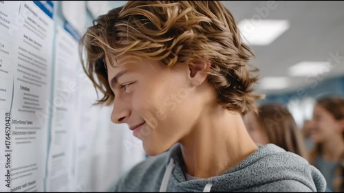 Closeup of a teenage student boy in hoodie examining a school bulletin board in hallway, surrounded by classmates, with focused and curious look on his face.