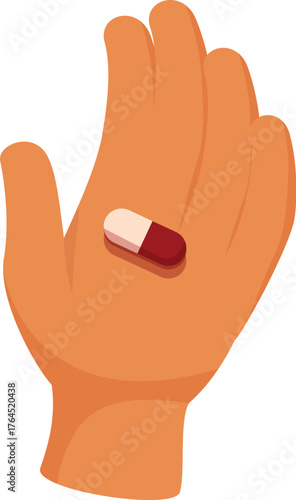 Open hand holding a red and white pill, representing medicine, healthcare, and pharmaceutical concepts