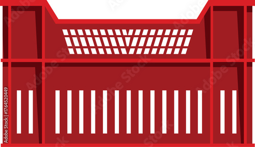 Empty red plastic crate isolated on white background, ideal for storage and transportation