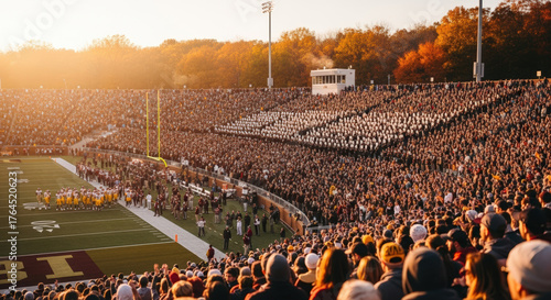 Large crowd cheering at football game, band performing, golden hour sunlight, autumn colors, energetic atmosphere, collegiate sports.