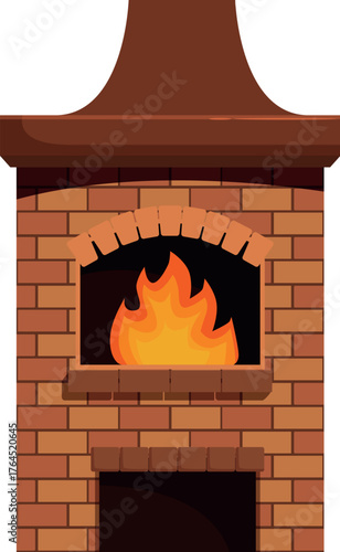 Burning fireplace made of bricks with chimney providing warmth and comfort, perfect for a cozy winter evening