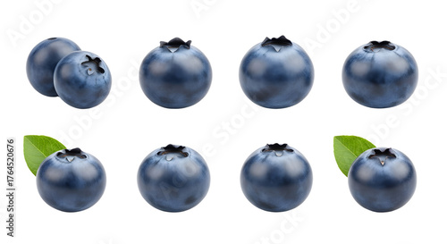 Fresh ripe blueberries isolated on white background in two rows with green leaves, perfect for healthy food and nutrition imagery