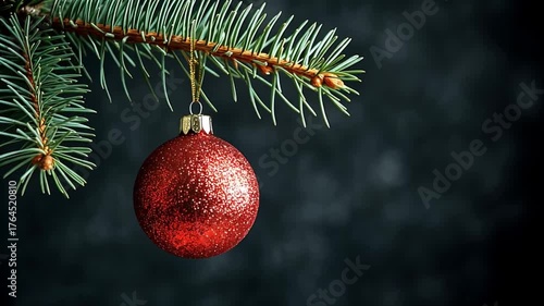 Red glitter ball ornament hanging on a green fir branch, symbolizing holiday season celebration and winter decoration