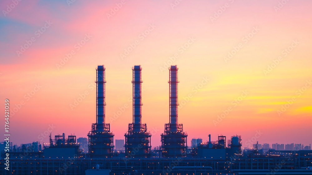 Obraz premium Twilight shot of clean industrial skyline of hydrogen and SAF plants emitting vapor-free air.