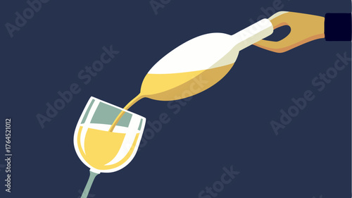 A hand pouring a rich white wine into a frosted glass illuminating the liquids pale golden hues.
