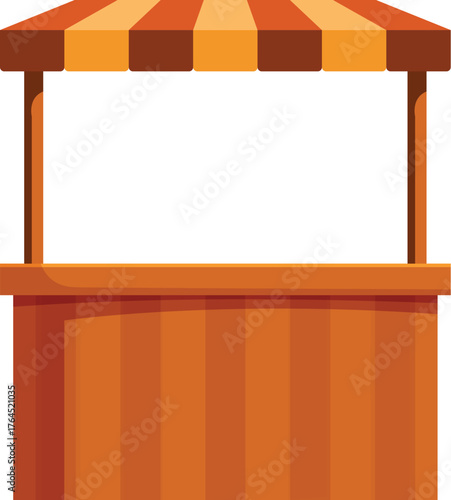 Empty wooden street food stall with orange and brown striped awning, ideal for selling food and drinks at outdoor markets and events