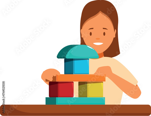 Little girl playing with colorful wooden blocks, building a tower at the table, developing her imagination, creativity and fine motor skills