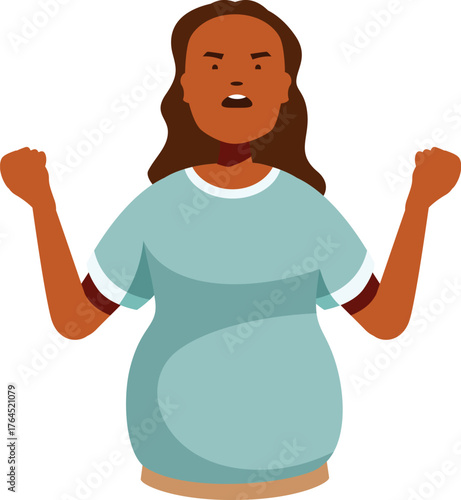 Woman raising fists showing disagreement and protest, expressing anger and frustration