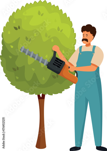 Gardener using an hedge trimmer to trim a round tree, taking care of the plants in the garden
