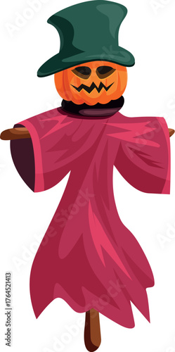 Festive scarecrow with pumpkin head and green top hat wearing a red cloak, perfect for halloween decoration