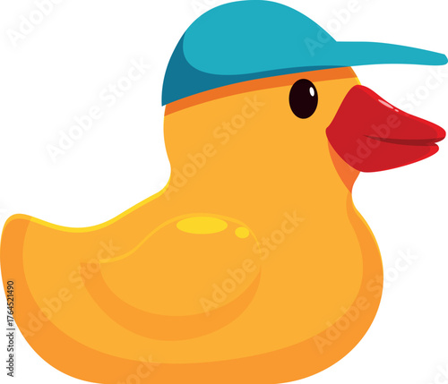 Side view of a cute yellow rubber duck wearing a blue baseball cap, perfect for bath time fun