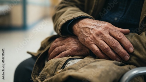 Close-up of an elderly patient’s hands resting on a worn jacket while waiting in a hospital