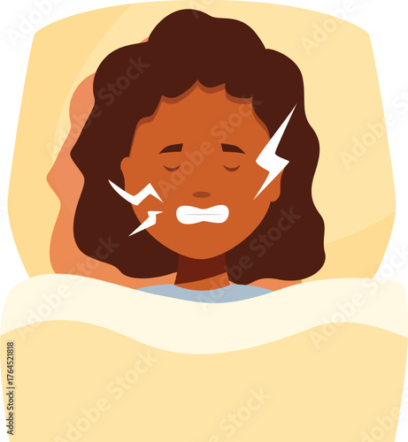 Young woman suffering from a strong toothache lying in bed at night, teeth clenching, healthcare and medicine concept