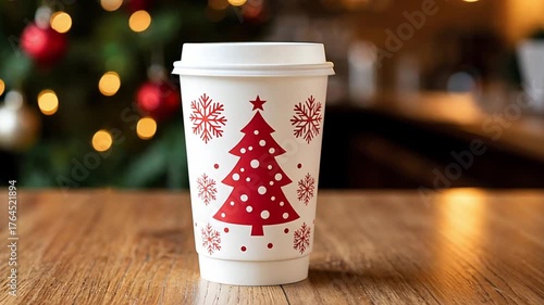 Festive holiday takeaway cup with a Christmas tree design sitting on a wood surface, featuring a blurred seasonal background
