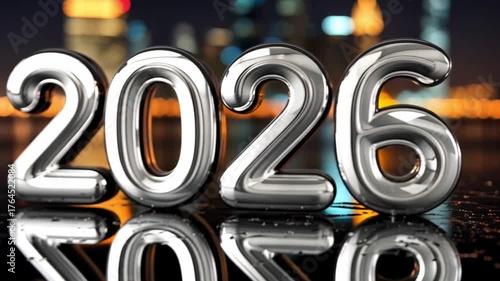 Silver 2026 numbers reflecting on a wet surface with a blurred city skyline at night, representing the upcoming new year