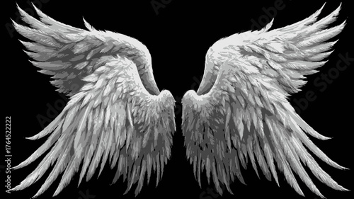 Ethereal white angel wings with delicate feathers on a deep black background, symbolizing divinity, purity, and spiritual freedom.