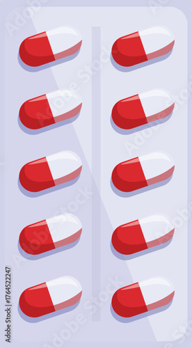 Red and white medical capsules arranged in a blister pack represent pharmaceutical industry and healthcare