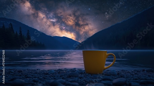 Hot drink by the mountain with a starry sky.