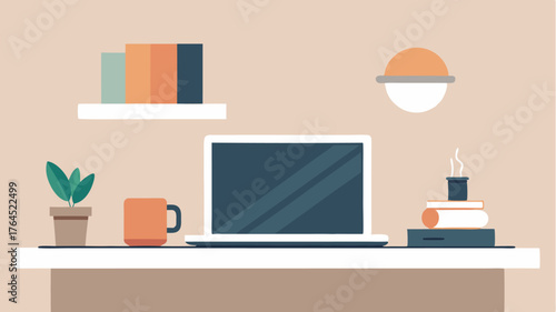 A serene workspace featuring a white desk a sleek laptop a cream coffee cup and a wallmounted shelf filled with a few curated books and items.