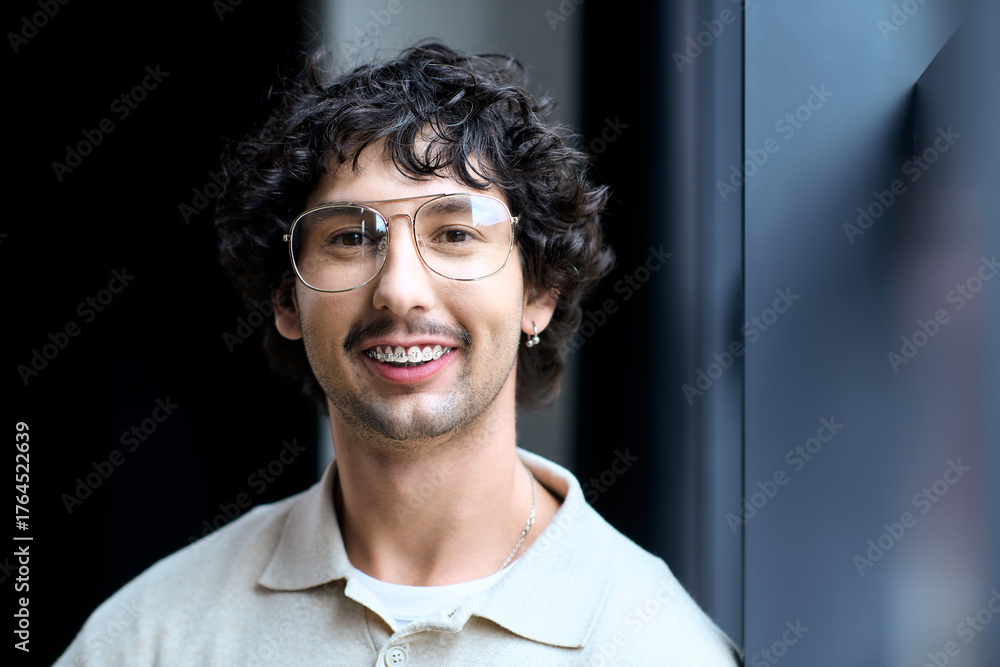 Fototapeta premium Charming young man smiling confidently in modern indoor setting