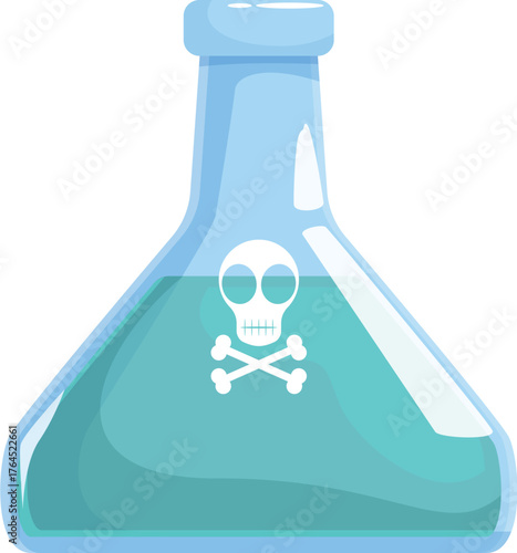 Glass flask containing turquoise chemical substance with skull and crossbones symbol indicating high toxicity